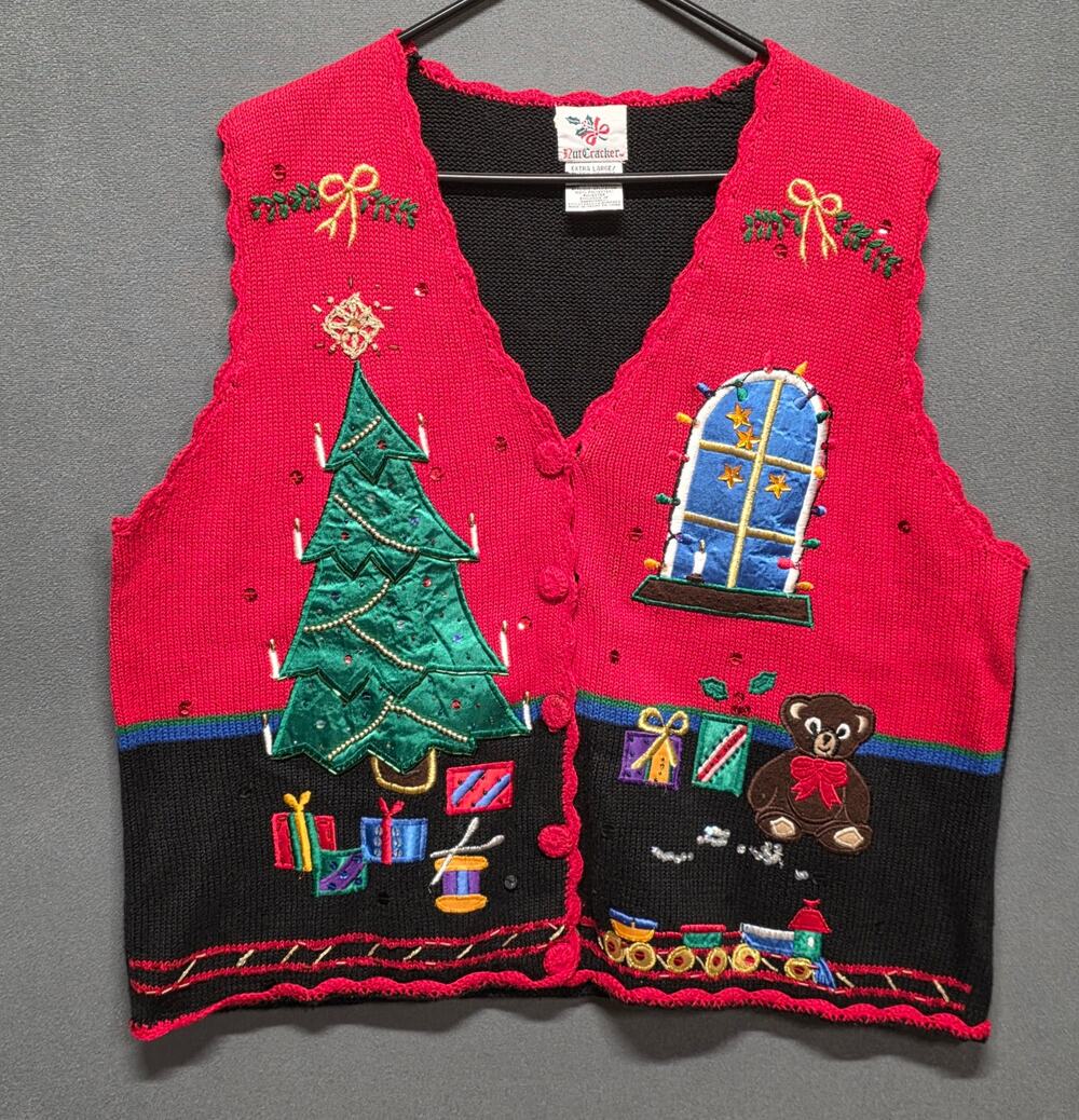 Vintage Nutcracker Christmas Sweater Vest Tree Gifts Embroider Grandma Womens XL